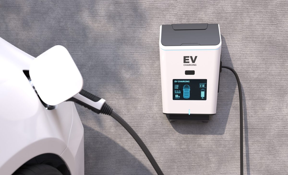 EV Charging Station, Clean energy filling technology, Electric car charging. 3D illustration